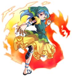 1girl alphes_(style) arm_ribbon between_fingers blue_hair blue_ribbon blush chisel commentary_request dairi dress fire full_body furrowed_brow green_headscarf haniyasushin_keiki headscarf highres holding large_variant_set long_hair looking_at_viewer looking_back open_mouth parody puffy_sleeves purple_eyes ribbon sandals smile solo standing standing_on_one_leg style_parody tachi-e tools touhou transparent_background variant_set wood_carving_tool yellow_dress