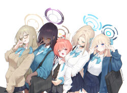 5girls ahoge akane_(blue_archive) akane_(school_uniform)_(blue_archive) asuna_(blue_archive) asuna_(school_uniform)_(blue_archive) asymmetrical_bangs bandaid bandaid_on_cheek bandaid_on_face black-framed_eyewear black_choker black_hair black_halo black_undershirt blonde_hair blue_archive blue_bow blue_bowtie blue_cardigan blue_eyes blue_halo blue_scrunchie blue_skirt blue_streaks bow bowtie braid breasts brown_cardigan brown_hair brown_halo cardigan cardigan_around_waist choker cleaning_&amp;_clearing_(blue_archive) clothes_around_waist dark-skinned_female dark_skin double_v glasses hair_between_eyes hair_bow hair_over_one_eye half_up_braid halo huge_ahoge jacket jacket_around_waist karin_(blue_archive) karin_(school_uniform)_(blue_archive) large_breasts long_hair long_sleeves looking_at_another looking_at_viewer loose_bowtie miniskirt mole mole_under_each_eye mole_under_eye multiple_girls multiple_moles neck_ribbon neru_(blue_archive) neru_(school_uniform)_(blue_archive) official_alternate_costume open_cardigan open_clothes orange_hair phoebe_(user_vvpf4584) pleated_skirt purple_halo red_eyes ribbon school_uniform scrunchie shirt simple_background single_braid skirt smile toki_(blue_archive) toki_(school_uniform)_(blue_archive) undone_neck_ribbon v very_long_hair white_background white_shirt wrist_scrunchie yellow_eyes