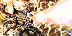 alien alien_overlord attack claws duel_monster energy_beam exoskeleton extra_arms fang fighting_stance highres incoming_attack no_humans open_mouth simple_background solo teeth tk_moai_create watermark yellow_eyes yu-gi-oh!