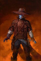 1boy alien bag belt blue_skin brown_bag brown_gloves brown_jacket cad_bane colored_skin comic_cover cover_image cowboy_hat denim duros em_gist fingerless_gloves gloves hat highres holster jacket jeans looking_at_viewer official_art open_clothes open_jacket outdoors pants red_eyes shoulder_bag solo star_wars vambraces