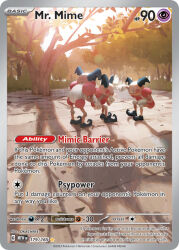 artist_name card_(medium) character_name closed_mouth company_name copyright_name copyright_notice english_text gen_1_pokemon invisible_chair leaf lens_flare mr._mime nintendo official_art okacheke outdoors pokemon pokemon_(creature) pokemon_card pokemon_focus pokemon_tcg shadow sitting standing third-party_source trading_card tree