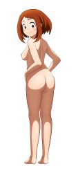 Rule 34 | 1girl, absurdres, ass, barefoot, blush, boku no hero academia, breasts, brown eyes, brown hair, from behind, highres, legs, looking at viewer, medium breasts, nude, sideboob, smile, toadd95, uraraka ochako