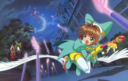1boy 4girls absurdres antenna_hair arrow_(clow_card) arrow_(projectile) black_hair boots broom broom_riding brown_hair cardcaptor_sakura coat crescent_moon daidouji_tomoyo double_bun fuuin_no_tsue gloves green_boots green_coat green_eyes green_hat hair_bun hair_intakes hat hat_ornament highres kero_(cardcaptor_sakura) kinomoto_sakura kinomoto_sakura_(green_arrow_costume) li_meiling li_syaoran looking_back magical_girl moon multiple_girls night night_sky official_art outdoors pantyhose scan scared short_hair shorts sky star_(symbol) star_hat_ornament takahashi_kumiko tree twintails weather_vane white_hair white_pantyhose white_wings wings yellow_gloves yellow_shorts