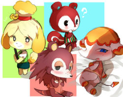 4girls animal_crossing ass black_eyes blonde_hair blue_eyes blush brown_hair dog elephant furry highres isabelle_(animal_crossing) margie_(animal_crossing) multiple_girls nintendo open_mouth ponytail poppy_(animal_crossing) porcupine sable_able_(animal_crossing) short_hair simple_background squirrel suurin_(ksyaro)