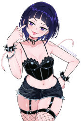 Rule 34 | 1girl, :p, absurdres, audio jack, boku no hero academia, bracelet, breasts, cleavage, commentary, elpipe 3000, fishnet thighhighs, fishnets, highres, jewelry, jiro kyoka, long earlobes, looking at viewer, medium breasts, midriff, navel, patreon username, purple hair, short hair, simple background, solo, spiked bracelet, spikes, thighhighs, tongue, tongue out, white background