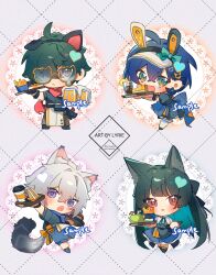 2boys 2girls animal_ear_fluff animal_ears belle_(zenless_zone_zero) black_hair blue_hair blunt_bangs cat_boy cat_ears cat_tail chibi chibi_only fox_ears fox_girl green_eyes green_hair highres holding holding_plate hoshimi_miyabi lighter_(zenless_zone_zero) long_hair lyrie_luna multiple_boys multiple_girls plate purple_eyes red_eyes seth_lowell short_hair skirt tail visor_cap white_hair zenless_zone_zero