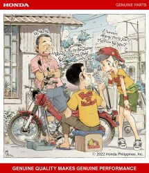 1girl 2boys :d ^_^ ad backwards_hat black_hair blue_shorts boss_(genie&#039;s_motorcycle_life) box box_truck brown_pants cardboard_box cargo_pants cargo_shorts closed_eyes collared_shirt commentary copyright_notice english_commentary fanny_pack finger_to_mouth genie&#039;s_motorcycle_life genie_(genie&#039;s_motorcycle_life) green_shorts grey_footwear grey_hair hat highres honda house laughing looking_at_another motor_vehicle motorcycle multiple_boys official_art old old_man on_box open_mouth outdoors pants philippines plant potted_plant print_shirt red_headwear sandals sekihan shirt shoes short_hair shorts sitting sitting_on_box smile sneakers sweatband tagalog_text toolbox translated truck yellow_shirt