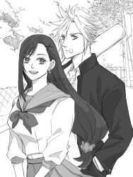 1boy 1girl bandaid bandaid_on_cheek bandaid_on_face baseball_bat closed_mouth cloud_strife cloud_strife_(midgard_seventh_high_school) commentary_request final_fantasy final_fantasy_vii final_fantasy_vii_ever_crisis gakuran greyscale hair_ornament hair_scrunchie hairclip hand_in_pocket height_difference holding holding_baseball_bat jacket litter7th long_hair looking_at_viewer low-tied_long_hair midriff_peek monochrome neckerchief official_alternate_costume open_clothes open_jacket open_mouth outdoors pleated_skirt sailor_collar school_uniform scrunchie serafuku skirt tifa_lockhart tifa_lockhart_(midgard_seventh_high_school) tree upper_body