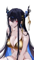1girl alternate_costume bikini black_hair black_horns blue_hair breasts colored_inner_hair gold_bikini highres hololive hololive_english horns large_breasts long_hair looking_at_viewer multicolored_hair nerissa_ravencroft nyanyaqwi red_eyes simple_background solo swimsuit virtual_youtuber white_background