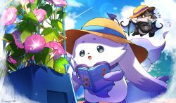 Rule 34 | 2others, :o, :p, absurdres, artist name, blue sky, book, cloud, commentary request, contrail, day, debidebi debiru, demon, demon horns, demon tail, demon wings, dew drop, flower, flower pot, flying, food, green eyes, hat, highres, holding, holding book, holding food, holding pencil, holding popsicle, horns, lens flare, looking back, lunlun (nijisanji), mikawa ayumu, morning glory, multiple others, nijisanji, no humans, notice lines, open book, open mouth, outdoors, pencil, pink flower, plant, popsicle, rope, shimenawa, sky, standing, straw hat, summer, sun hat, tail, tongue, tongue out, trellis, twitter username, vines, virtual youtuber, water drop, wings, yellow eyes