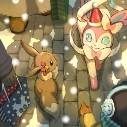 bag bell black_gloves black_hair blue_eyes bow brick_floor brown_eyes child closed_mouth commentary_request delibird earmuffs eevee from_above gen_1_pokemon gen_2_pokemon gen_6_pokemon gen_8_pokemon gloves hat holding holding_bag long_sleeves looking_at_another matsuri_(matsuike) nintendo orange_gloves outdoors people pointing pokemon pokemon_(creature) santa_hat shopping_bag smile snom snow snowing striped_bow sylveon winter
