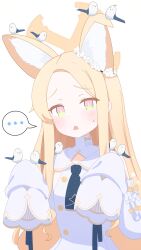... 1girl absurdres animal_ear_fluff animal_ears bird black_neckerchief blonde_hair blue_archive blush commentary dress fortysansan fox_ears fox_girl halo highres long_hair looking_at_viewer multicolored_eyes neckerchief open_mouth seia_(blue_archive) simple_background sleeves_past_fingers sleeves_past_wrists solo spoken_ellipsis tit_(bird) too_many too_many_birds white_background white_dress yellow_halo