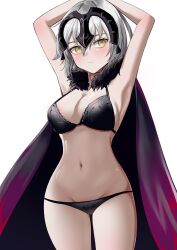 1girl absurdres armpits arms_behind_head arms_up black_bra black_cloak black_panties bra breasts cloak fate/grand_order fate_(series) fur-trimmed_cloak fur_trim grey_hair headpiece highres jeanne_d&#039;arc_alter_(avenger)_(fate) jeanne_d&#039;arc_alter_(fate) large_breasts looking_at_viewer nigori_(keydoor) panties short_hair solo thighs underwear yellow_eyes