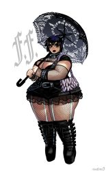 1girl absurdres alternate_body_size alternate_hairstyle animal_print bag belt black_hair black_lips black_nails black_shirt black_skirt boots bracelet breasts cleavage_cutout clothing_cutout emo_fashion eyeliner fat fishnet_legwear fishnets foo_fighters_(jojo) frilled_skirt frills full_body goth_fashion handbag highres jewelry jojo_no_kimyou_na_bouken knee_boots large_breasts lipstick makeup nail_polish namnums necklace platform_boots platform_footwear shirt short_hair skirt solo standing stone_ocean studded_bracelet thick_thighs thighs umbrella zebra_print