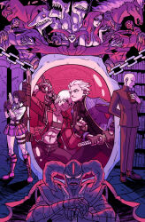 2girls 6+boys agni_(devil_may_cry) arkham_(devil_may_cry) beowulf_(devil_may_cry) black_hair blue_coat book coat dante_(devil_may_cry) demon devil_may_cry devil_may_cry_(series) devil_may_cry_3 ebony_&amp;_ivory gun handgun highres holding holding_book holding_gun holding_sword holding_weapon jbbetz jester_(dmc3) kalina_ann_(weapon) lady_(devil_may_cry) multiple_boys multiple_girls nevan no_shirt rebellion_(sword) red_coat rudra_(devil_may_cry) sparda sword sword_on_back vergil_(devil_may_cry) weapon weapon_on_back white_hair yamato_(sword)