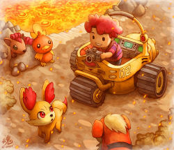 1990s_(style) 1boy camera fennekin gen_1_pokemon gen_3_pokemon gen_6_pokemon growlithe lava nintendo pokemon pokemon_(creature) pokemon_snap red_hair retro_artstyle ry-spirit shirt smile striped_clothes striped_shirt torchic toru_(pokemon) vehicle vulpix zero-one