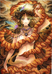 1girl absurdres bead_choker bead_necklace beads blonde_hair brown_flower circlet cloud_background convenient_censoring facing_viewer flower gem gluteal_fold groin hair_flower hair_ornament highres holding holding_unworn_clothes holding_unworn_scarf insect_wings jewelry light_rays long_hair looking_at_viewer mosho necklace nude orange_clouds original parted_hair purple_gemstone rainbow_wings scarf smile solo sun_behind_head sunbeam sunlight traditional_media unworn_scarf very_long_hair wings yellow_eyes