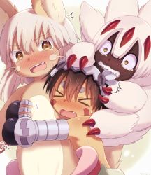 &gt;_&lt; 1boy 1girl 1other ^^^ animal_ears biting blush brown_fur brown_hair clant_st claws commentary_request dark-skinned_female dark-skinned_male dark_skin extra_arms facial_mark fang fangs faputa fewer_digits furry grey_hair hair_between_eyes hands_on_another&#039;s_head highres hug made_in_abyss medium_hair multiple_tails nanachi_(made_in_abyss) nose_blush open_mouth pants reg_(made_in_abyss) sharp_teeth short_hair tail teeth thick_eyebrows topless_male tsurime upper_teeth_only v-shaped_eyebrows very_dark_skin wavy_eyebrows whiskers white_fur wide-eyed yellow_eyes
