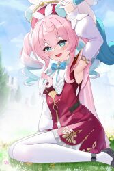 1girl absurdres animal animal_on_head aqua_bow aqua_bowtie aqua_eyes aqua_hair armpits beret black_shoes blue_sky bow bowtie breasts commentary_request dress hat highres honkai:_star_rail honkai_(series) hyacine_(honkai:_star_rail) little_ica_(honkai:_star_rail) looking_at_viewer medium_hair multicolored_hair on_grass on_head outdoors pantyhose pink_hair red_dress shoes sitting sky small_breasts twintails two-tone_hair wariza white_pantyhose zerotwenty_(020)
