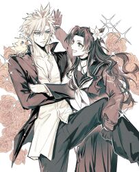 1boy 1girl aerith_gainsborough aerith_gainsborough_(midgard_seventh_high_school) animal animal_on_shoulder aurora_(p1uoedtv7xkuqxy) bandaid bandaid_on_cheek bandaid_on_face bird bird_on_shoulder black_choker black_gloves black_jacket black_pants black_sailor_collar black_shirt black_skirt blue_eyes breasts chocobo choker cloud_strife cloud_strife_(midgard_seventh_high_school) collared_shirt couple crossed_arms delinquent final_fantasy final_fantasy_vii final_fantasy_vii_ever_crisis floral_background floral_print floral_print_shirt flower gakuran gloves hair_between_eyes hair_flower hair_ornament hair_ribbon hetero highres holding_another&#039;s_leg jacket light_blush long_hair long_skirt looking_at_another medium_breasts neckerchief official_alternate_costume open_mouth pants parted_bangs ribbon rose sailor_collar school_uniform sepia sharp_teeth shirt short_hair side_ponytail sidelocks skirt smile sparkle sukeban sweatdrop teeth white_flower white_neckerchief white_shirt