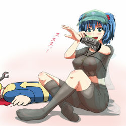 1girl bike_shorts blue_eyes blue_hair boots breasts crossover fallout hair_bobbles hair_ornament jacket kawashiro_nitori key large_breasts nipples open_mouth pip_boy see-through_clothes skirt smile touhou vault_boy yaruku