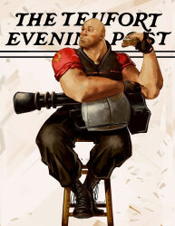 Rule 34 | 1boy, art study, bald, beard stubble, black boots, black pants, black vest, boots, broad shoulders, eating, facial hair, food, ghostsberry, gun, heavy (tf2), highres, looking to the side, male focus, muscular, muscular male, norman rockwell (style), pants, red shirt, sandwich, shirt, sitting, stool, stubble, team fortress 2, vest, weapon