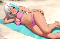 1girl arm_behind_head arm_tattoo arm_up barefoot beach beach_towel bikini blue_hair blush breasts cleavage dark_skin grin hair_ornament kuroonehalf large_breasts long_hair looking_at_viewer lying multicolored_hair navel original pink_bikini polka_dot polka_dot_bikini sand shoulder_tattoo smile streaked_hair swimsuit tattoo teeth towel white_hair yellow_eyes