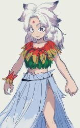 1girl blue_sky commentary_request feet_out_of_frame forehead_tattoo grey_eyes grin highres houjuu_chimi leaf_clothing long_hair looking_at_viewer midriff navel parted_bangs sharp_teeth shika_miso simple_background sketch sky smile solo standing teeth touhou v-shaped_eyebrows white_background white_hair