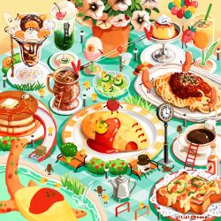 artist_name banana bear bee bird bug burger butter chair cheese cherry coffee cup donut drink drinking_straw flower food food_art food_focus fork fried_egg fruit hat honey ice_cream ice_cream_float insect issiki_toaki ketchup kiwi_(fruit) ladder no_humans omelet omurice original pancake pancake_stack pizza plate pudding shrimp spoon strawberry syrup table whipped_cream