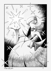 bob_cut cucumber_(wanton9cum) dress elbow_gloves gardevoir gen_3_pokemon gloves hair_over_one_eye highres mega_gardevoir mega_pokemon monochrome nintendo parted_lips pokemon pokemon_(creature) sparkle strapless strapless_dress white_dress white_gloves