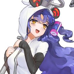 animal_ears blue_hair breasts fake_animal_ears female_focus game_cg head_tilt holding hood hood_up hoodie last_origin long_hair looking_away medium_breasts official_art open_mouth rorobomb smile transparent_background upper_body wavy_hair white_hoodie yellow_eyes yumi_(last_origin)