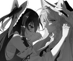Rule 34 | 2girls, black hat, bow, braid, breasts, chest sarashi, chinese commentary, closed mouth, commentary request, detached sleeves, ff (pixiv 104744337), frilled bow, frilled hair tubes, frills, greyscale, hair bow, hair tubes, hakurei reimu, hat, hat bow, highres, holding hands, interlocked fingers, kirisame marisa, light smile, long hair, monochrome, multiple girls, ribbon-trimmed sleeves, ribbon trim, sarashi, side braid, single braid, touhou, vest, witch hat, yuri