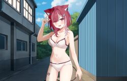 1girl animal_ear_fluff animal_ears belly blush bra breasts building cat_ears cloud cloudy_sky commission eyes_visible_through_hair fingernails highres kiniro_tofu looking_at_viewer lyko_lianna multicolored_hair navel open_mouth outdoors panties pink_eyes pink_hair shadow short_hair sky smile solo standing tail tree underwear underwear_only v4mirai virtual_youtuber white_bra white_panties