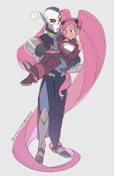 1boy 1girl absurdly_long_hair boots breasts carrying cleavage entrapta grey_background highres hordak long_hair looking_at_another mask mask_on_head masters_of_the_universe monster_boy pointy_ears prehensile_hair princess_carry purple_hair red_eyes she-ra_and_the_princesses_of_power smile twintails very_long_hair welding_mask yutaka7