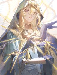 1boy 1girl absurdres aji_11300913 albedo_(genshin_impact) blonde_hair blue_eyes closed_mouth colored_extremities commentary genshin_impact hair_between_eyes hashtag-only_commentary heterochromia highres long_hair parted_lips purple_hands rhinedottir_(genshin_impact) short_hair signature symbol-shaped_pupils veil white_veil yellow_eyes