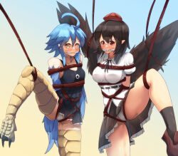 2girls ahoge bakasp-lilzy bare_shoulders bird_legs black_dress black_feathers black_hair black_skirt black_wings blue_background blue_feathers blue_hair blue_wings blush bound cloth_gag commentary_request commission dress feathered_wings feathers gag gagged gradient_background hair_between_eyes harpy highres improvised_gag leg_up long_hair mixed-language_commentary monster_girl monster_musume_no_iru_nichijou multiple_girls official_alternate_costume panties pantyshot papi_(monster_musume) pixiv_commission red_eyes shameimaru_aya shibari shibari_over_clothes shirt short_hair short_hair_with_long_locks skirt sleeveless sleeveless_dress standing standing_on_one_leg talons touhou underwear white_panties white_shirt wings yellow_background yellow_eyes
