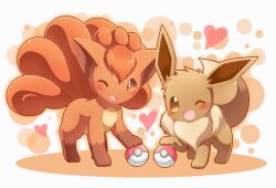 Rule 34 | animal ears, blush, eevee, gen 1 pokemon, heart, long ears, multiple tails, neck ruff, neru (neruneruru), nintendo, no humans, one eye closed, open mouth, poke ball, pokemon, pokemon (creature), pokemon focus, simple background, tagme, tail, vulpix, wink