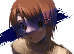 1girl @_@ asymmetrical_hair brown_hair close-up eyelashes hair_ornament hairclip haru_0873999 iwakura_lain looking_at_viewer open_mouth parted_bangs raised_eyebrows serial_experiments_lain short_hair sidelocks simple_background single_sidelock solo spiral surprised sweater white_background wide-eyed x_hair_ornament