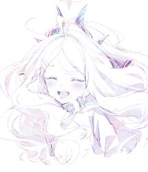 Rule 34 | 1girl, ^ ^, blue archive, blush, closed eyes, demon girl, demon horns, demon wings, forehead, hair ornament, halo, hina (blue archive), horns, long hair, monochrome, multiple horns, open mouth, ouri (aya pine), parted bangs, simple background, sketch, smile, solo, spot color, teeth, upper teeth only, white background, wings