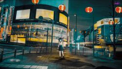 Rule 34 | 1girl, absurdres, ad, banishment, black hat, black shoes, black skirt, blue eyes, blue hair, blush, building, city, cityscape, collared shirt, crosswalk, direction board, expressionless, fedora, hat, highres, lamppost, lantern, legs apart, long sleeves, looking to the side, medium skirt, night, original, outdoors, overcast, paper lantern, power lines, railing, road sign, scenery, shirt, shoelaces, shoes, short hair, sign, skirt, sky, solo, standing, tile floor, tiles, traffic light, utility pole, white shirt, wide shot