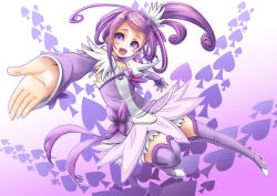 1girl :d arm_warmers asymmetrical_hair boots bow brooch choker cure_sword curly_hair dokidoki!_precure earrings female_focus full_body hair_ornament heart heart_brooch high_side_ponytail jewelry kangakuraku12 kenzaki_makoto magical_girl open_mouth outstretched_hand precure purple_boots purple_eyes purple_hair purple_skirt purple_theme purple_thighhighs ribbon short_hair side_ponytail skirt smile solo spade spade_(shape) spade_earrings spade_hair_ornament thigh_boots thighhighs