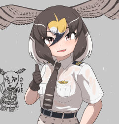 Rule 34 | 2girls, absurdres, animal print, bald eagle (kemono friends), belt, bird girl, bird print, bird wings, black belt, black hair, blonde hair, brown eyes, brown gloves, brown hair, brown necktie, collared shirt, epaulettes, gloves, hair between eyes, head wings, highres, japari symbol, kemono friends, looking at viewer, multicolored hair, multiple girls, necktie, peregrine falcon (kemono friends), print skirt, rain, rest in muni, shirt, short hair, short sleeves, sidelocks, skirt, smile, t-shirt, wet, wet clothes, wet shirt, white hair, white shirt, wings