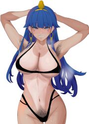Rule 34 | 1girl, absurdres, armpit hair, armpits, arms up, bikini, black bikini, blue eyes, blue hair, earrings, enmimontoria, facial mark, gold, gold hairband, gold headdress, gold headwear, hairband, highres, jewelry, key earrings, long hair, michigami nareko, midriff, navel, pubic hair, simple background, smile, solo, swimsuit, tan, tanline, touhou, triangle, triangle facial mark, usekh collar, white background