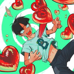 Rule 34 | 1boy, alien stage, black hair, blank eyes, blue pants, blush, commentary, crying, crying with eyes open, derivative work, english commentary, flying teardrops, full-face blush, green background, heart, highres, male focus, maruko gaku, money, navel, open mouth, pants, parody, parted bangs, printerrrpng, shirt, short hair, short sleeves, solo, spiral background, tears, teeth, the hundred line -last defense academy-, upper teeth only, white shirt