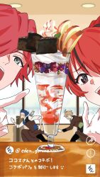 1girl 3boys ahoge animal animal_on_shoulder apple apple_slice blue_hair blush booth_seating brown_hair brown_vest chasing eden-gumi food fruit glasses gloves green_eyes grey_eyes hair_over_one_eye highres kayano_(kayanoakira01) lain_paterson lauren_iroas leos_vincent mameneko_(leos_vincent) multicolored_hair multiple_boys nijisanji oliver_evans parfait red_hair running shirt short_hair streaked_hair table teeth vest virtual_youtuber whipped_cream white_gloves white_shirt window