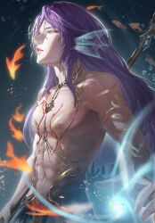 1boy abs absurdres arm_tattoo cglas fins head_fins highres holding holding_staff jewelry long_hair love_and_deepspace magic male_focus navel necklace nipples pectorals purple_eyes purple_hair rafayel_(love_and_deepspace) solo staff standing tattoo toned toned_male topless_male upper_body
