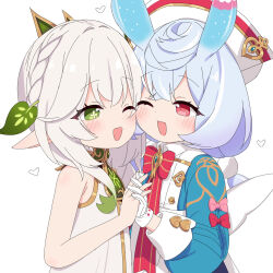 2girls :d azbchan1221 blue_hair blush bow bowtie braid cheek-to-cheek commentary_request cross-shaped_pupils crown_braid dress from_side genshin_impact gloves glowing_horns grey_hair hair_ornament heads_together heart highres holding_hands horns hug interlocked_fingers kodomo_doushi leaf_hair_ornament long_hair long_sleeves multiple_girls nahida_(genshin_impact) one_eye_closed open_mouth pointy_ears ponytail red_bow red_bowtie red_eyes short_ponytail sigewinne_(genshin_impact) simple_background sleeveless sleeveless_dress smile symbol-shaped_pupils upper_body white_background white_dress white_gloves yuri