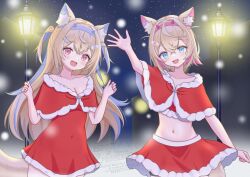 alternate_costume animal_ear_fluff animal_ears artexyan bandaid bandaid_hair_ornament blonde_hair blue_eyes blue_hair blue_nails breasts capelet covered_navel dog_ears dog_girl dog_tail fur-trimmed_capelet fur-trimmed_skirt fur_trim fuwawa_abyssgard hair_ornament hololive hololive_english lamp large_breasts long_hair looking_at_viewer mococo_abyssgard multicolored_hair nail_polish open_mouth pink_eyes pink_hair pink_nails red_capelet red_skirt santa_costume short_hair siblings sisters skirt small_breasts smile snow snowing streaked_hair tail twins two_side_up very_long_hair virtual_youtuber