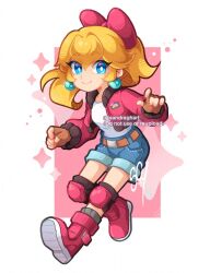 1girl blonde_hair blue_eyes boots bow denim denim_shorts earrings fingerless_gloves gloves hair_bow highres jacket jewelry knee_pads long_hair mario_(series) mario_kart mario_kart_world nintendo open_clothes open_jacket pink_boots pink_bow pink_jacket ponytail princess_peach princess_peach_(touring) sandragh shirt shoe_soles shoes shorts solo sphere_earrings