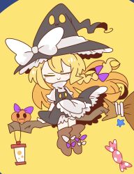 1girl apron black_hat black_skirt black_vest blonde_hair bow broom broom_riding brown_footwear candy chibi chibi_only closed_eyes commentary_request facing_viewer food footwear_bow full_body hair_bow hat hat_bow highres jack-o&#039;-lantern kirisame_marisa lantern long_hair op_na_yarou purple_bow shirt short_sleeves sidesaddle skirt smile solo star_(symbol) touhou turtleneck turtleneck_shirt vest waist_apron white_shirt wind witch_hat wrapped_candy yellow_background